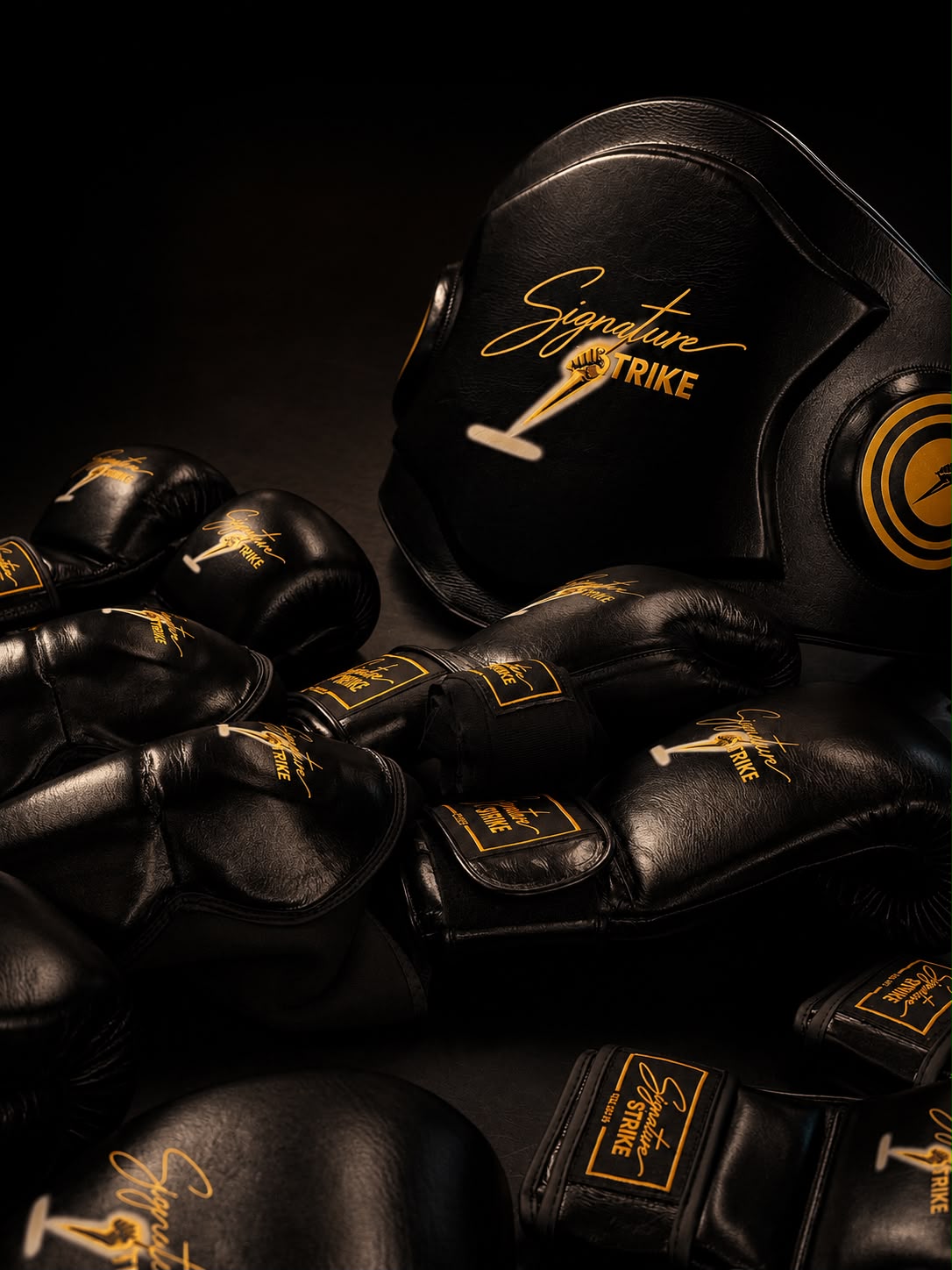 Signature Strike black and gold combat sports equipment